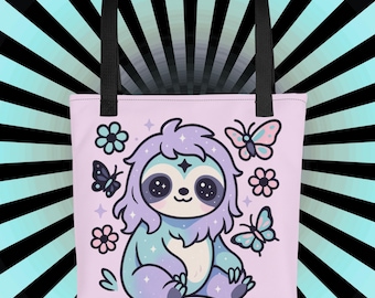 Pastel Goth Sloth Tote Bag, Kawaii Celestial Animal Design
