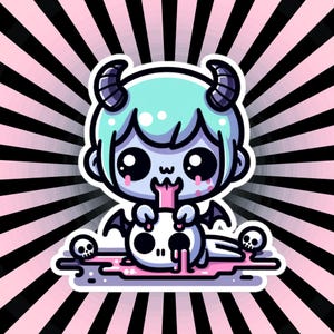 不気味でかわいい悪魔の少年が頭蓋骨を舐めるデカール ウィアードコア パステル グランジ ゴシック ビニール 防水ステッカー
