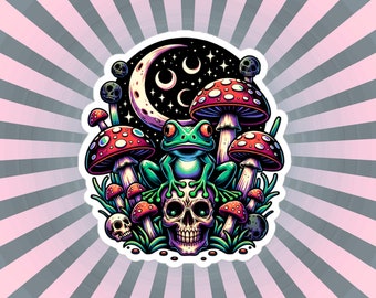 Whimsigoth Weirdcore Frog Mushroom Skull Vinyl Sticker, for Car, Bumper, Scrapbooking, Skateboards, or Crafts