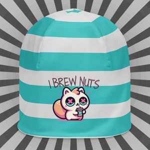 May include: A turquoise and white striped beanie with the text "I BREW NUTS" and a cartoon squirrel holding a cup.