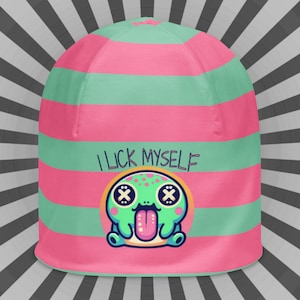 Weirdcore Pastel Goth Grunge River Toad Frog Striped Beanie, I Lick Myself Oddcore Beanie Hat