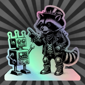 ゴシックグランジパンクロックウィアードコアアライグマステッカービニールホログラフィックサイバーパンクアライグマロボット討論ステッカー
