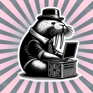 Può includere: Un'illustrazione in bianco e nero di una tricheco che indossa un cappello e siede davanti a un computer. La tricheco indossa un abito e una cravatta. Il computer ha un monitor, una tastiera e un mouse. Lo sfondo è un motivo a strisce rosa e grigio.