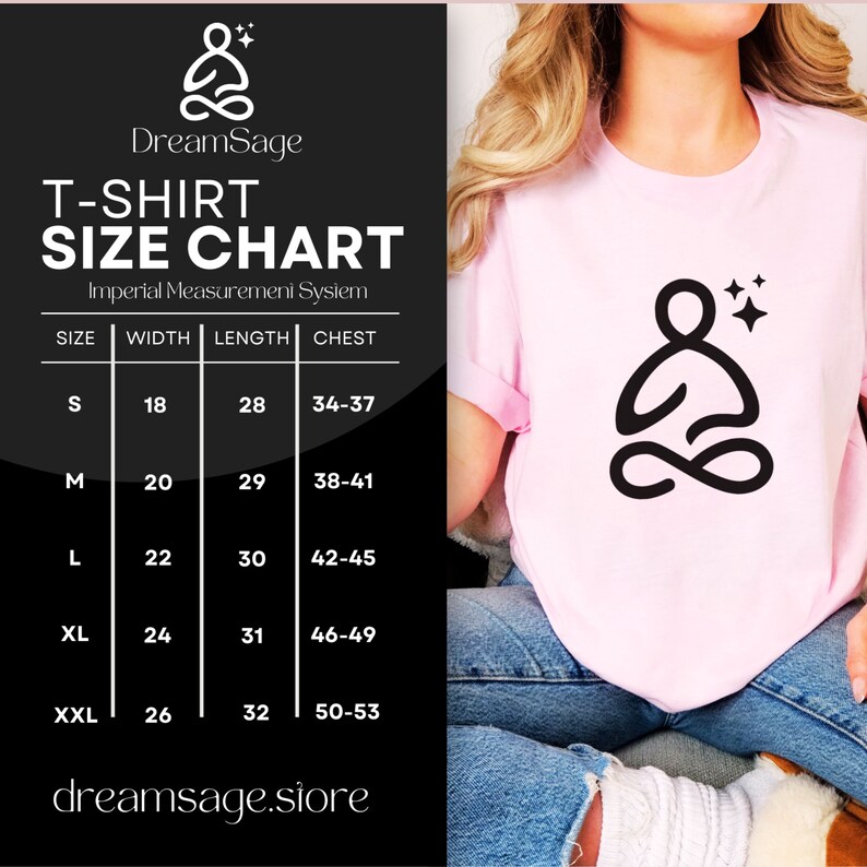 Op de afbeelding: T-shirt maattabel met metingen in inches voor maten S, M, L, XL en XXL. De tabel toont de breedte, lengte en borstmetingen.
