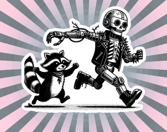 Cyber Goth Raccoon Chasing Robot Vinyl Sticker