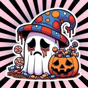 Pegatina de vinilo impermeable de un pequeño fantasma triste, dulces de Halloween, pegatinas de Weirdcore