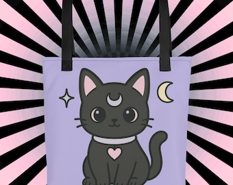 Pastel Goth Cat Tote Bag, Kawaii Moon Design, Alt Fashion