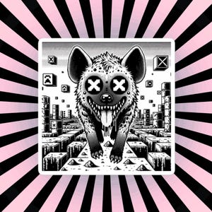 May include: Black and white illustration of a hyena with a mischievous grin, wearing X-shaped eyes. The hyena is walking through a pixelated landscape.