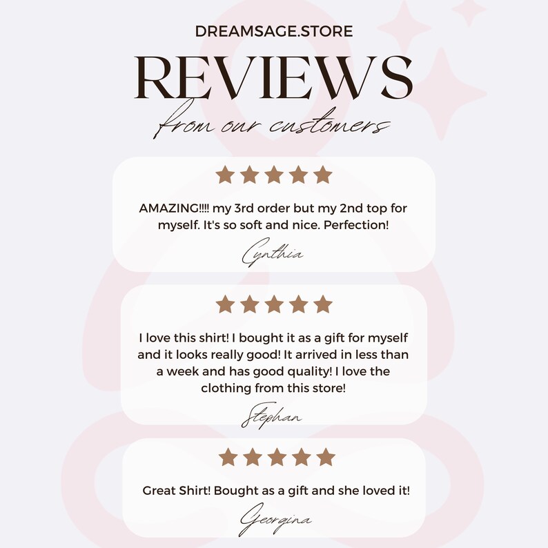 May include: Three customer reviews for an online store, each with a five-star rating and a short testimonial. The reviews are for a top, a shirt, and a shirt. The store name is DREAMSAGE.STORE.