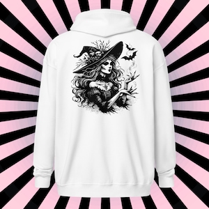 Goth Grunge Witch Playing with Bats Zip Up Hoodie Tribal Witch Front Design Hooded Jacket