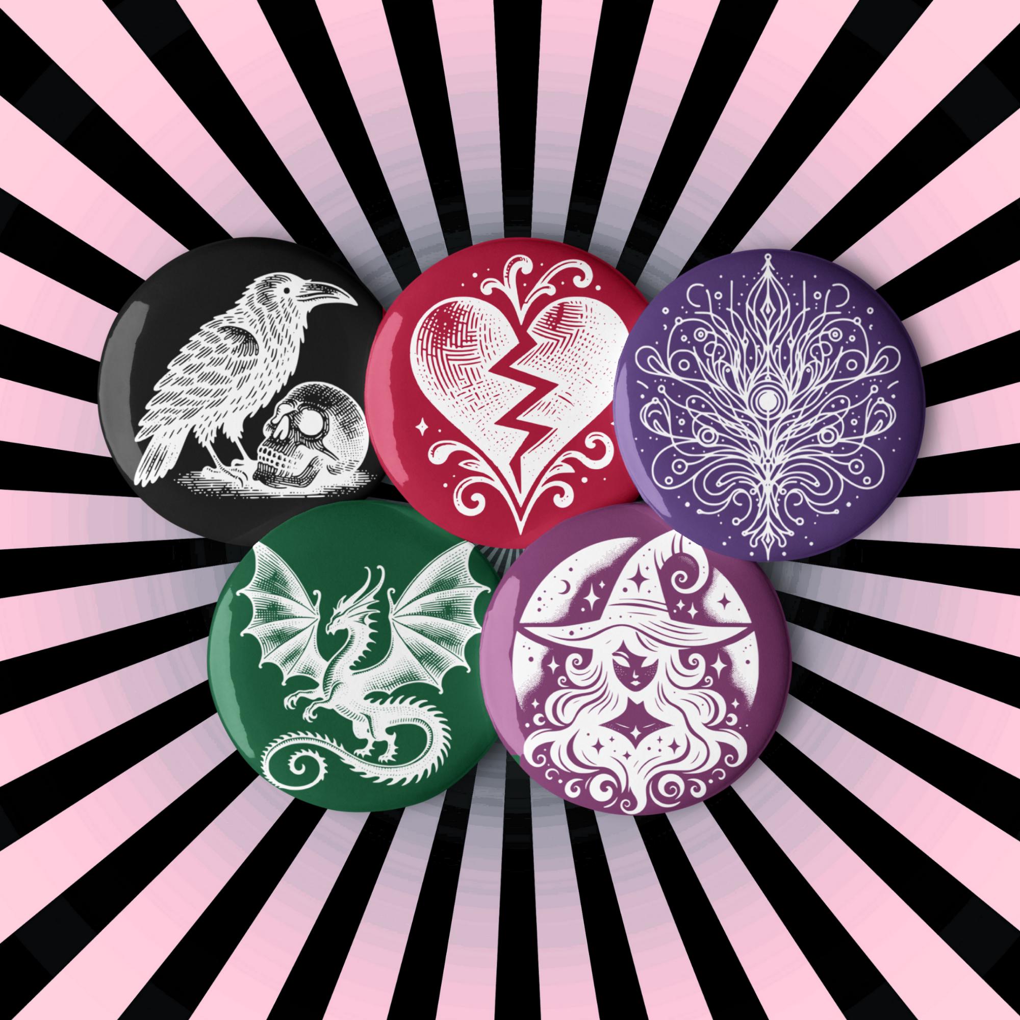 Goth Buttons Vibrant Colored Gothic Art Set of 5 Pin Buttons of Raven Witch Dragon ...