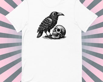 May include: A black and white illustration of a raven perched on a skull. The raven is detailed with feathers and a sharp beak. The skull is facing to the right and has a detailed design with teeth and eye sockets.
