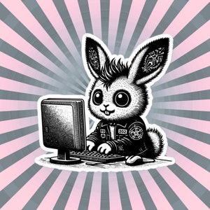 Può includere: Un'illustrazione in bianco e nero di un coniglio che indossa una giacca con il testo "202" su di essa. Il coniglio è seduto a un computer con un mouse sulla scrivania.