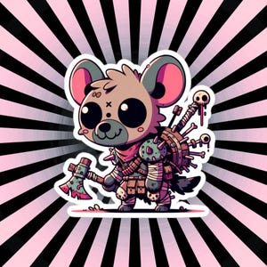 May include: A cartoon illustration of a cute, brown and pink hyena wearing a studded leather vest and holding an axe. The hyena has large, black eyes and a pink nose. The background is a pink and black striped pattern.