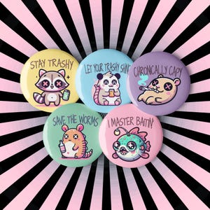 More Trippy Cute Weirdcore Kawaii Pastel Goth Bad Habit Animals Set of 5 Pin Buttons