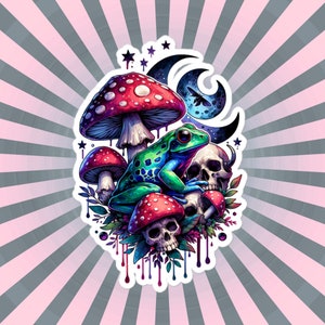 Creepy Whimsigoth Skull Mushrooms Frog Sticker Dark Aesthetic Goth Original Art Weirdcore Weird Stuff Gift