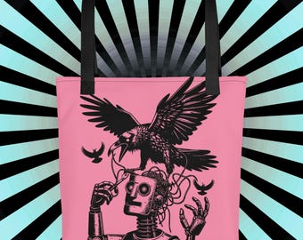 Cyberpunk Crow and Robot Tote Bag – Dark Gothic Raven Art, Pink Tech Noir Aesthetic, Steampunk Cyber Art Bag, Alt Fashion Gift