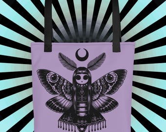 Gothic Moth Witch Tote Bag – Occult Moon Aesthetic, Purple Pastel Goth Bag, Dark Alternative Fashion, Witchy Gift for Her