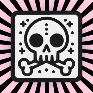May include: A white embroidered patch with a black skull and crossbones design. The skull has two black eyes and a black nose. The crossbones are made of two white bones.