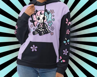 Kawaii Pastel Goth Skeleton Hoodie, Soft Gothic Girl  Harajuku Streetwear