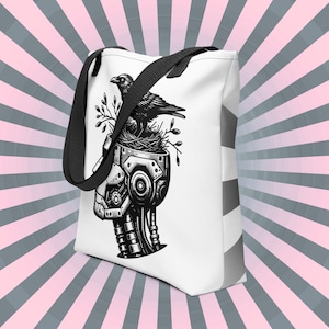 WHITE Gothic Pastel Goth Grunge Punk Raven Nest in Robot Tote Bag CoExist DreamSage Tote Bag