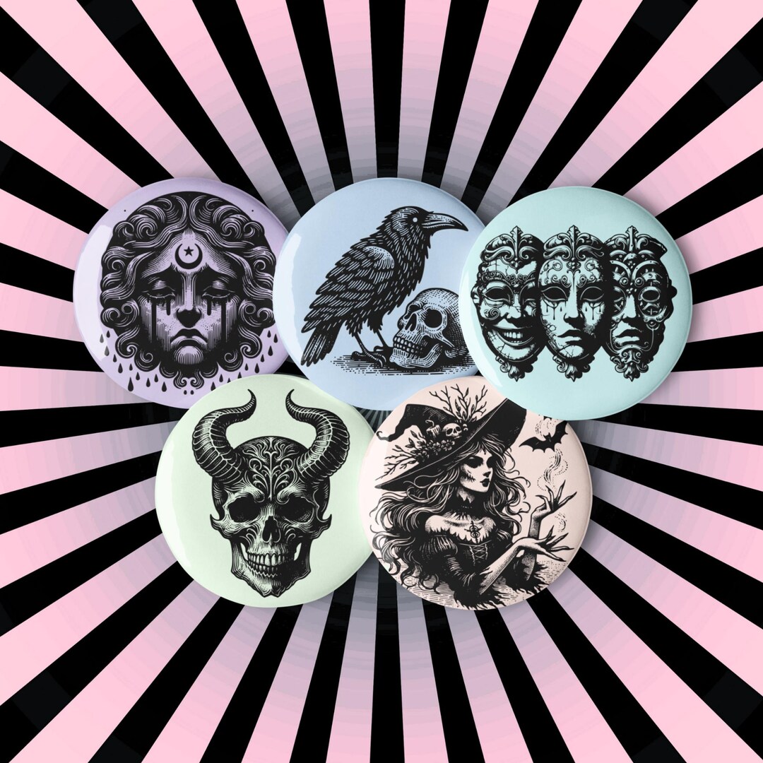 Pastel Goth Darkcore Punk Set of 5 Grunge Button Pins Witch Skull