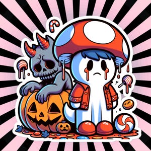 キノコ帽子と悪魔の防水ビニールステッカー付きウィアードコアゴースト
