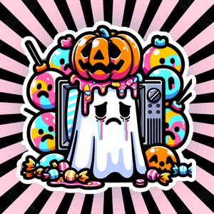 頭にカボチャを乗せたウィアードコアゴーストのテレビ用ハロウィンビニール防水ステッカー
