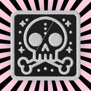 May include: A black and white embroidered patch featuring a skull and crossbones design. The skull has two white eyes and a white nose. The crossbones are white and have a simple design. The patch is surrounded by a white border.