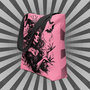 PINK Gothic Grunge Pastel Goth Bats & Witch Tote Bag, Ventcore Darkcore Weird Stuff Dark Aesthetic Halloween Tote Bag