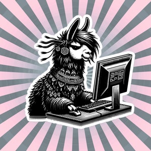 Può includere: Un'illustrazione in bianco e nero di un lama che indossa una sciarpa a motivi e usa un computer. Il lama è seduto a una scrivania con un monitor del computer, una tastiera e un mouse.