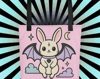 Bolso de mano de conejito gótico pastel: diseño kawaii de alas de murciélago
