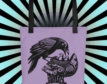 Gothic Crow and Skull Purple Tote Bag – Dark Aesthetic, Witchy Raven Art Bag, Occult Fashion, Alternative Grunge Gift