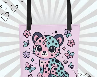 Pastel Goth Jaguar Tote Bag, Kawaii Celestial Animal Print