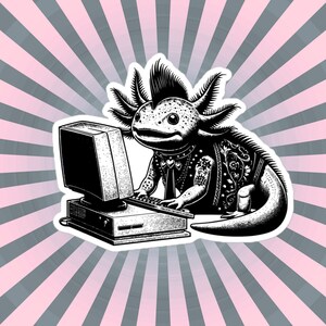 Può includere: Un'illustrazione in bianco e nero di un axolotl che indossa una giacca di pelle con borchie e usa un computer. L'axolotl ha un ciuffo mohicano ed è seduto su una tastiera di computer.