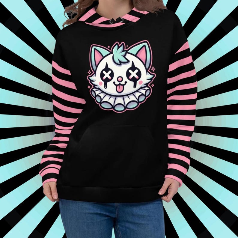 Weirdcore Clowncore Clown Kitty Cat Pastel Goth Graphic Grunge Y2K Unisex Hoodie image 3