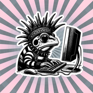 Punk Rock Frog on Computer Sticker, Cyberpunk Frog with Tech Sticker, Weirdcore Weird Stuff, Original Steampunk Warcore Art