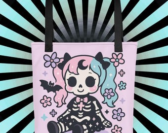 Bolso tote con muñeca esqueleto estilo gótico pastel, bolso kawaii espeluznante para Halloween, moda alternativa tierna y siniestra, estética grunge suave