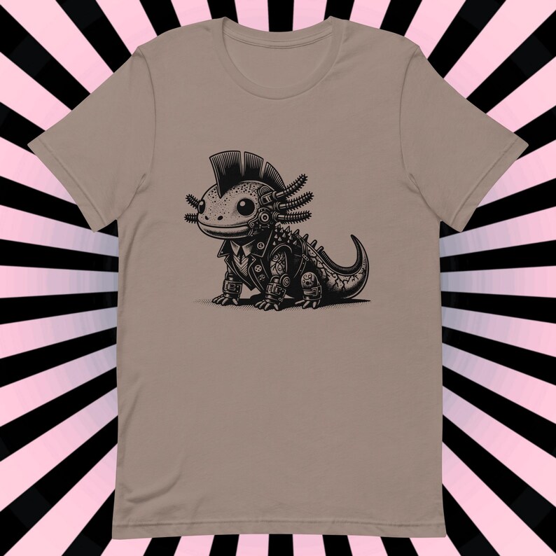 K&ouml;nnte beinhalten: Ein hellbraunes T-Shirt mit einer Schwarzwei&szlig;illustration eines Punk-Axolotls, das eine Lederjacke und einen Irokesenschnitt tr&auml;gt.