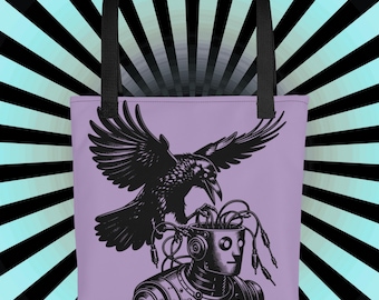 Cyberpunk Crow Tote Bag – Gothic Raven & Cyborg Art, Purple Tech Noir Aesthetic, Alternative Punk Bag, Dark Futuristic Gift