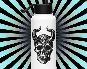 Gothic Skull Horns Water Bottle | 32 oz Stainless Steel Tumbler