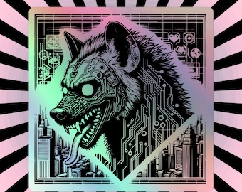 Naklejka gotycka grunge z dystopijnym cyborgiem hieną warcore dziwaczny cyberpunk naklejka holograficzna