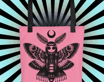 Gothic Moth Witch Tote Bag – Occult Moon Aesthetic, Pink Pastel Goth Bag, Dark Alternative Fashion, Witchy Gift for Her