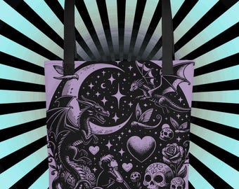 Gothic Dragon Tote Bag: Purple Moon, Skull & Roses