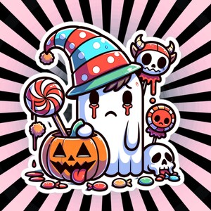 Pegatina de vinilo impermeable para Halloween con fantasma triste de "truco o trato"