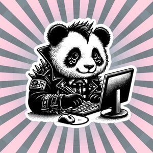 Può includere: Un'illustrazione in bianco e nero di un panda che indossa una giacca di pelle con borchie e usa un computer portatile. Il panda ha un taglio di capelli mohawk ed è seduto davanti a uno sfondo a strisce rosa e grigio.
