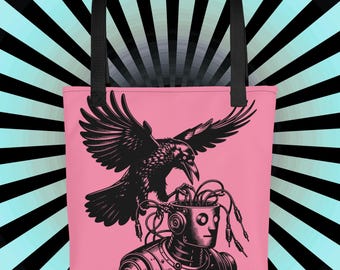 Cyberpunk Crow Tote Bag – Gothic Raven & Cyborg Art, Pink Tech Noir Aesthetic, Alternative Punk Bag, Dark Futuristic Gift