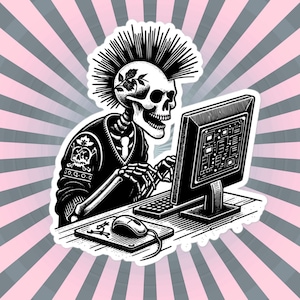 Punk Rock Skeleton on Computer Sticker, Cyberpunk Skeleton with Tech Sticker, Weirdcore Weird Stuff, Original Steampunk Warcore Art