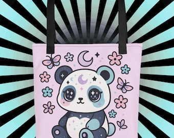 Pastel Goth Panda Tote Bag, Celestial Kawaii Alt Fashion