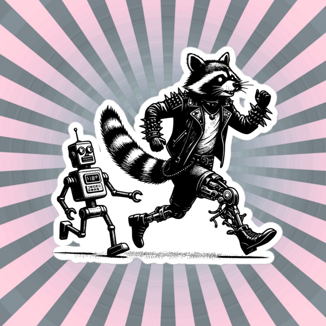 Cyber Goth Raccoon Chasing Robot Sticker: Waterproof Vinyl Decal - Etsy